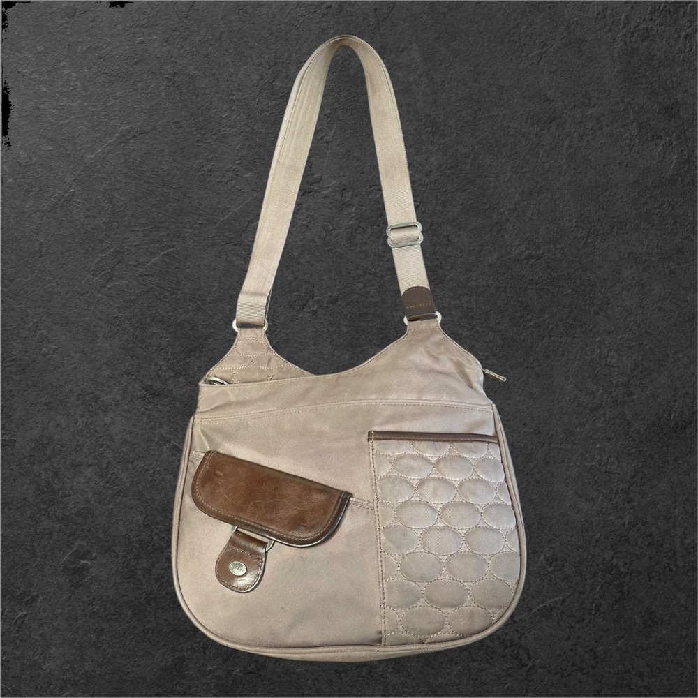 Mosey Crossbody‎ Bag Womens Medium Taupe Brown Nylon Quilted Multi Pocket